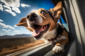 happy dog out of the car window , Generative AI