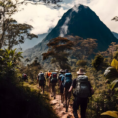 A group of hikers trekking through a dense forest, with a mountain range in the background