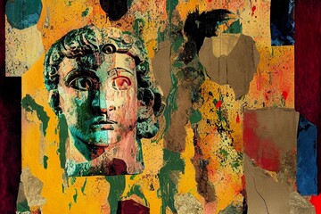 mixed media collage made with the picture of Apollo's head statues, different brushes, grunge strokes and splatters, Modern graphic art, Graphic design fun, Pop art wallpaper
