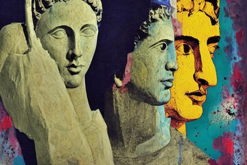 Fototapeta premium mixed media collage made with the picture of Apollo's head statues, different brushes, grunge strokes and splatters, Modern graphic art, Graphic design fun, Pop art wallpaper