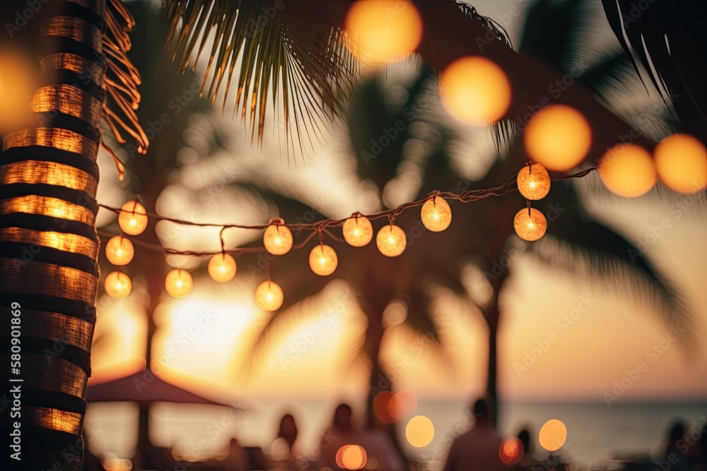 Poster sunset background of coconut palm trees with bokeh styled yellow string lights in an outdoor restaur