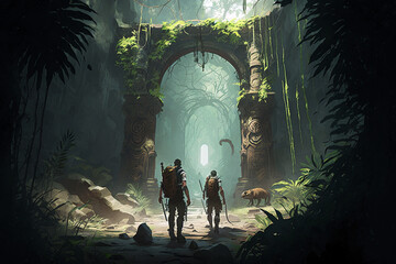 Fototapeta na wymiar A team of explorers venturing through a dense jungle, encountering dangerous wildlife, ancient ruins, and other challenges. Generative AI concept art