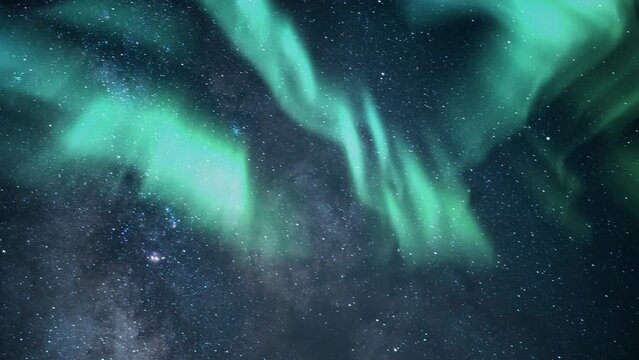 Aurora Green and Milky Way Time Lapse in Night Sky