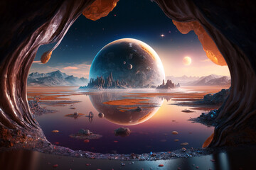 Breathtaking space landscape, deep space, beautiful planet with puddle. Generative ai illustration concept art