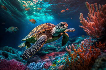 Naklejka premium Sea turtle swimming in the under sea , Beautiful Underwater and colorfull coral in wild nature of the Pacific Ocean - ai