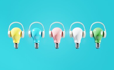 Colorful Light bulbs color Floating put on headphones isolate on blue color background. Minimal idea concept. 3D Render. - 580902458