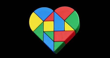 3d rendering motion looping of a Puzzle in the form of a heart, representing the global movement to raise awareness of autism, with luma mattes section.