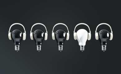 Outstanding White Light bulbs color Floating put on headphones among black light bulbs isolate on black color background. Minimal idea concept. 3D Render.