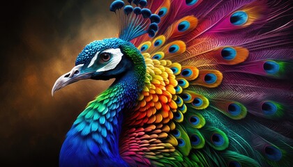 A colorful peacock with a black background.  Generative AI