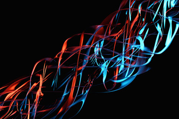 3D illustration  orange  and blue  abstract cloud of smoke pattern on a black isolated background