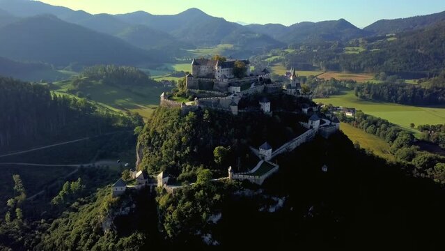 Aerial drone footage of Hochosterwitz castle. It is a medieval castle in Austria build on a 172-metre (564 ft) high dolomite rock and is one of the state's landmarks and a major tourist attraction.