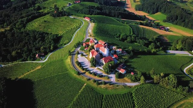 Aerial drone footage of Svetinje which is a small village in the Municipality of Ormož in northeastern Slovenia.