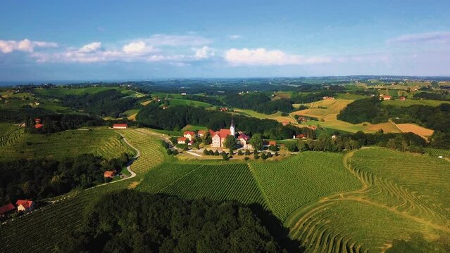 Aerial drone footage of Svetinje which is a small village in the Municipality of Ormož in northeastern Slovenia.