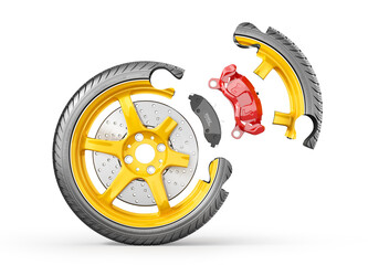 Wheel structure. Car wheel with brake isolated on a white background. 3d illustration