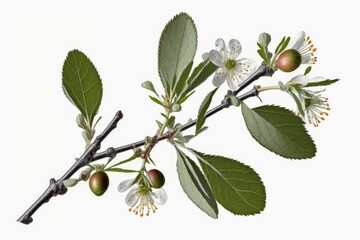 young cherry plum branch, isolated on a white background. Generative AI
