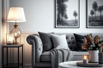 Pillows on grey couch next to lamp on cabinet in elegant living room interior with poster. Real photo. Generative AI
