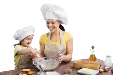 Happy mother and child daughter preparing food