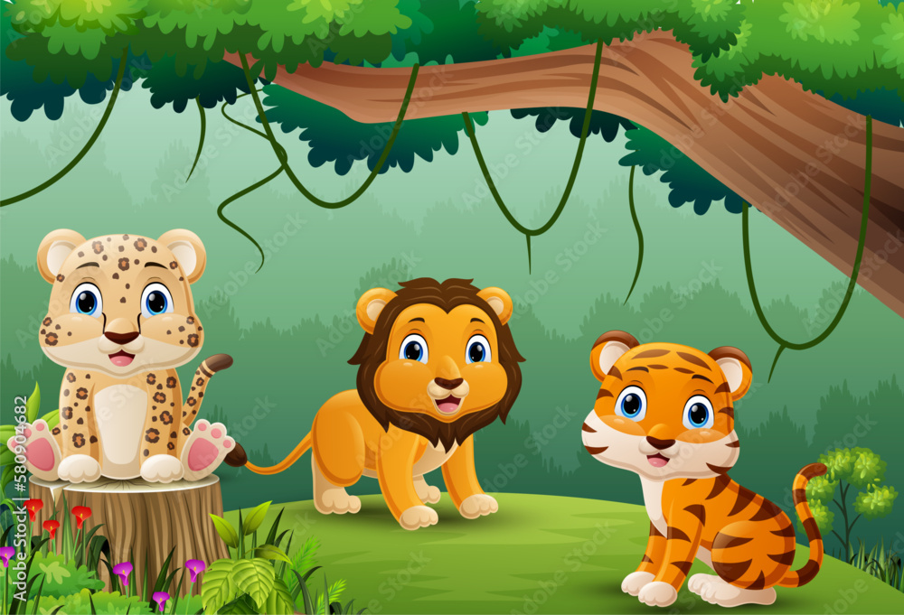 Poster Cartoon wild animals in the jungle