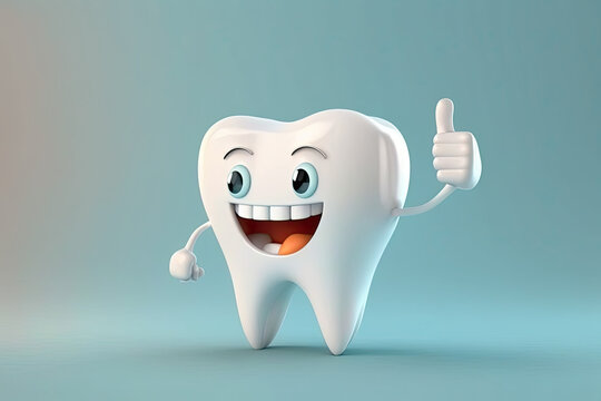 3D realistic happy white tooth , Tooth cartoon characters with thumbs up on bright background , Cleaning and whitening teeth concept, generative AI