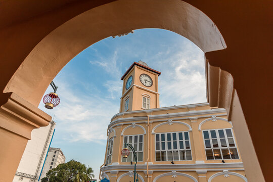 Phuket, Thailand - March 13, 2023 : Old building Chino Portuguese style in Phuket on March 13, 2023 in Phuket, Thailand. Old buildings area is a very famous tourist destination of Phuket town.