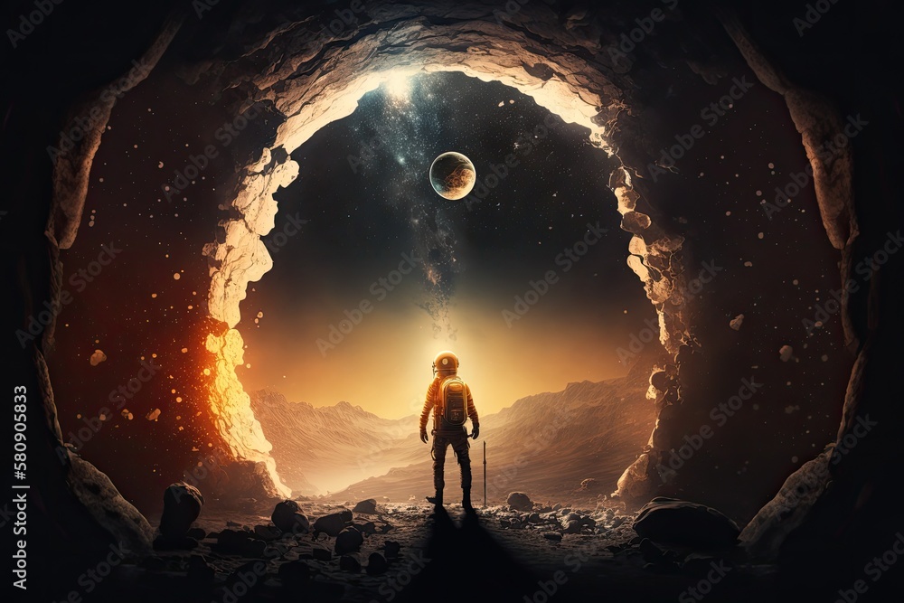 Poster spacetime portal light with astronaut on alien world. universe exploration in science fiction. gener