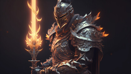 Illustration of a knight with a flaming sword, fire sword. Generative AI