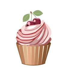 Cream cake decorated with cherry, isolated on a white background.Vector illustration of dessert for restaurant menus, bakeries,textiles.