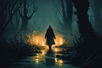 Man strolling in the spooky swamp with a magic torch, digital art style, illustration painting. Generative AI