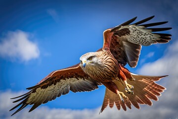 Portrait of a red kite (milvus milvus) with spread wings flying in the blue sky. Generative AI