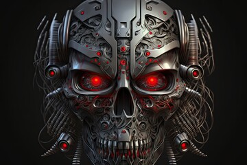 robot skull with red eyes and a metallic covering, cybernetic technology. Generative AI