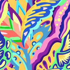 Colorful ornamental psychedelic pattern. Funky vector texture with colorful abstract organic shapes.