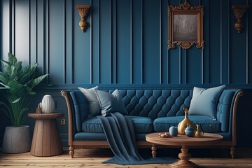 Old fashioned blue lounge with wooden decoration and navy sofa. Generative AI