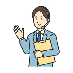 資料を持って案内するオペレーターの男性のイラスト