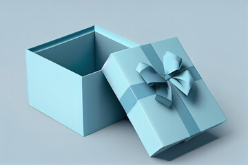 Blue gift box open or blank present box with blue ribbon and bow isolated. Generative Ai
