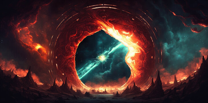 Interdimensional portal rift aurora opening in space over rugged winter landscape, bright red cloudy fire vortex swirl, anti-matter implosion, 4th dimension travel, universe gateway - generative AI.