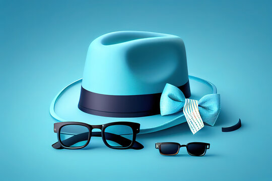 Fathers day concept with hat, glasses and tie on blue background. Generative Ai