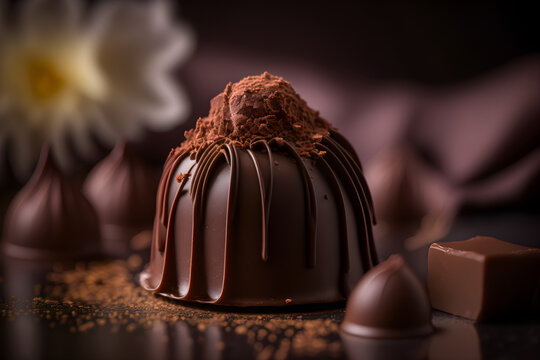 Close up Chocolate truffle creamy delicious chocolate bombom and easter ganache with cocoa