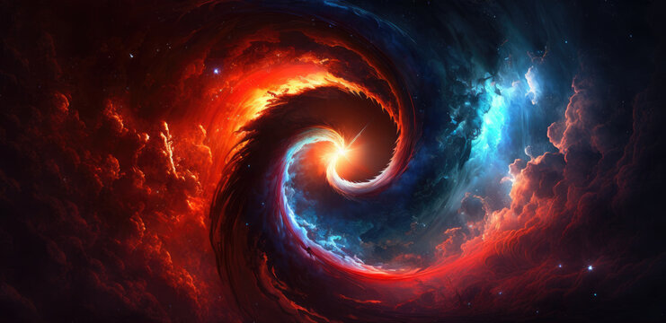 Interdimensional portal rift aurora opening in space over rugged winter landscape, bright red cloudy fire vortex swirl, anti-matter implosion, 4th dimension travel, universe gateway - generative AI.