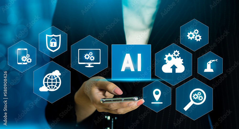 Poster businesswoman using mobile smartphone and icon network connection data with growth graph customer, d