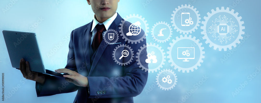 Poster businessman using laptop to connect technology smart robot ai. big data, digital technology, interne