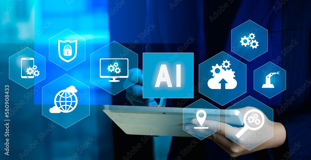 Poster businessman using tablet to connect technology smart robot ai. big data, digital technology, interne