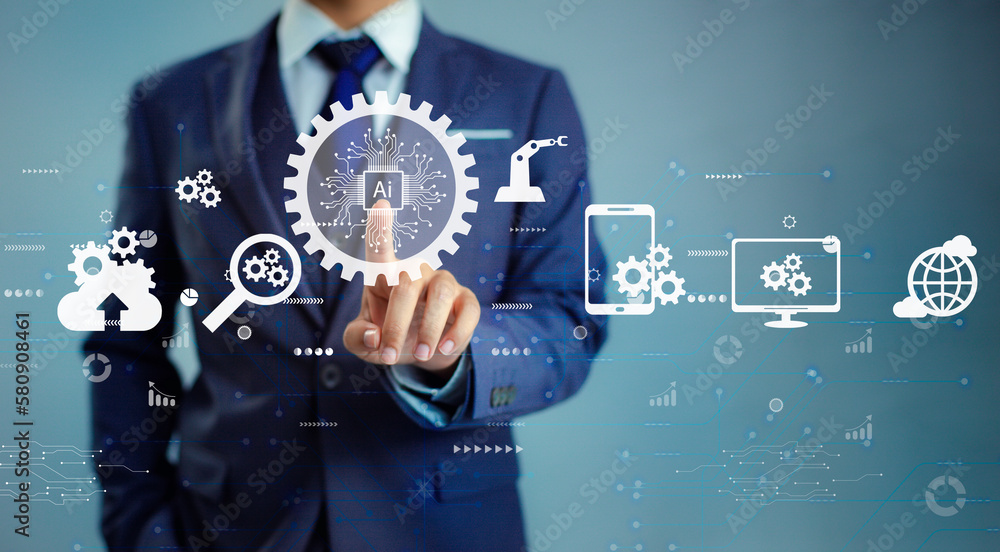 Aufkleber digital transformation technology strategy, iot, internet of things. businessman using smart phone w