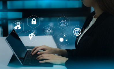 Digital ai technology, internet network connection, digital marketing IoT internet of things. Businesswoman working on laptop with white digital  icons. futuristic innovative technology background	