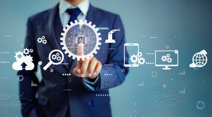 Digital transformation technology strategy, IoT, internet of things. Businessman using smart phone with AI and Digital Icons on dark background. Ai machine learning technology.