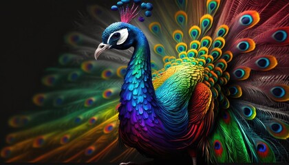 A colorful peacock with a black background and the word peacock on it. Generative AI