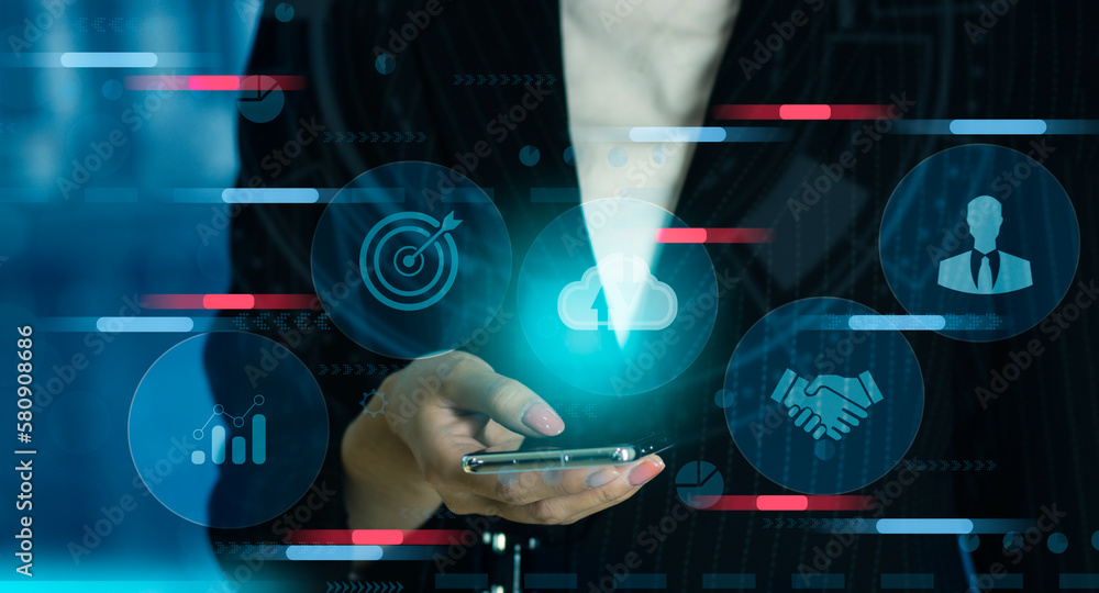 Poster chatgpt chat concept ai, artificial intelligence. businesswoman using technology smart robot ai on m
