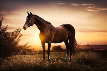 Fototapeta na wymiar A horse standing on a grassy field in the sunset, Generative AI