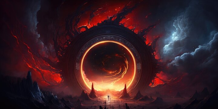 Interdimensional portal rift aurora opening in space over rugged winter landscape, bright red cloudy fire vortex swirl, anti-matter implosion, 4th dimension travel, universe gateway - generative AI.