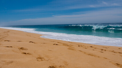 summer seascape with sand and ocean. photo of summer seascape. summer seascape beach.