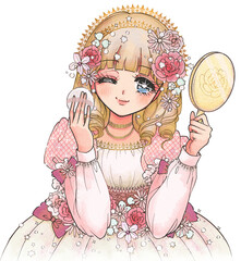 少女漫画イラスト・鏡とパフを持ったメイク好きの王女様